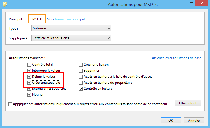 Fenêtre des permissions