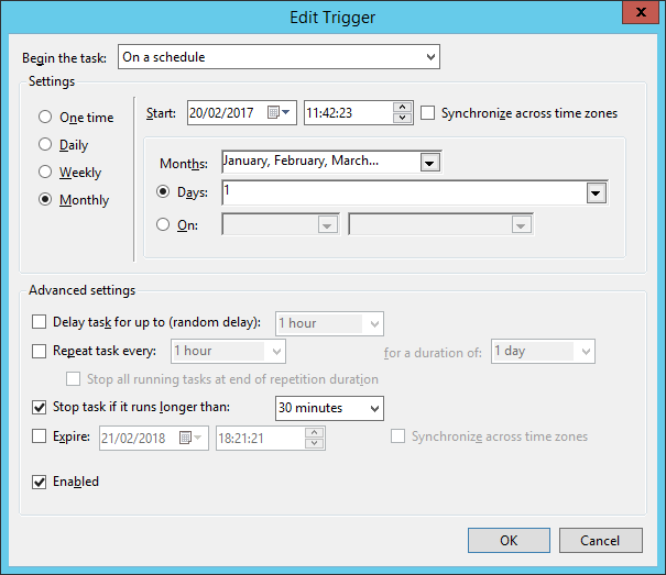Configuration du trigger pour un déclenchement le 1 de chaque mois
