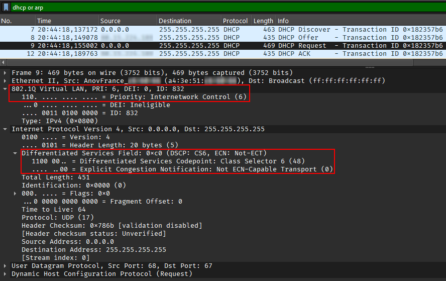 Piority 6 sur le paquet DHCP
